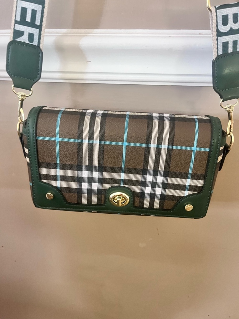 Burberry style  Green and Brown Plaid Crossbody with Logo Strap - Picture 2 of 11